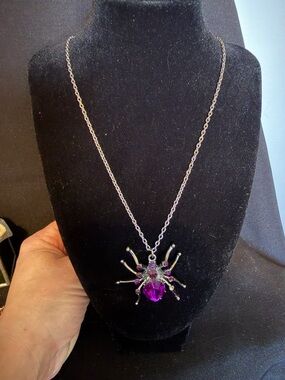 Silver Spider Pendant Necklace with Purple Gemstone